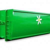 Abrollcontainer mit 36 m³ Volumen, offen und spantenfrei, Ausführung aus der Serie EKO1 in Grün mit dezentem Werbeaufdruck
