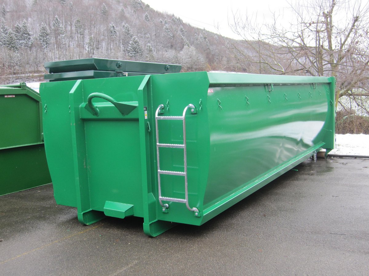 Rollcontainer mit 20 m³ Volumen aus der Serie EKO1, spantenfrei, grün lackiert und offen ausgeführt