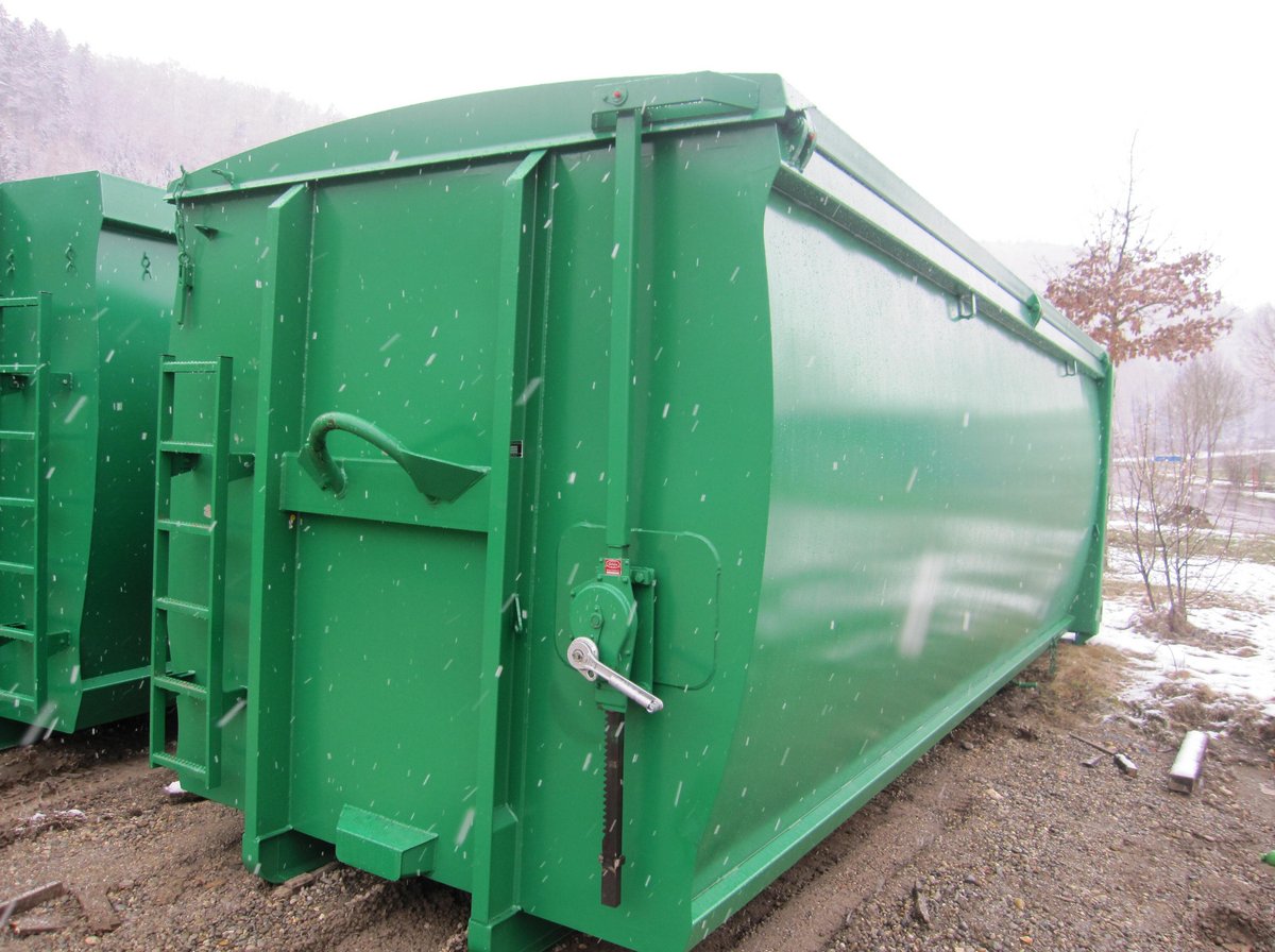 Abrollcontainer mit 36 m³ Volumen, spantenfrei, aus der Serie EKO1, grün lackiert, mit mechanischem Dach über Stockwinde und Deckelausführung
