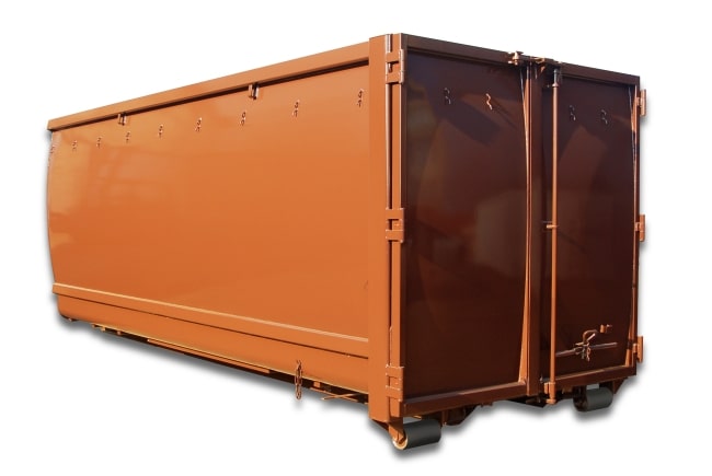 Abrollcontainer mit 36 m³ Volumen aus der Serie EKO2, offen ausgeführt in Braun mit Flügeltüre
